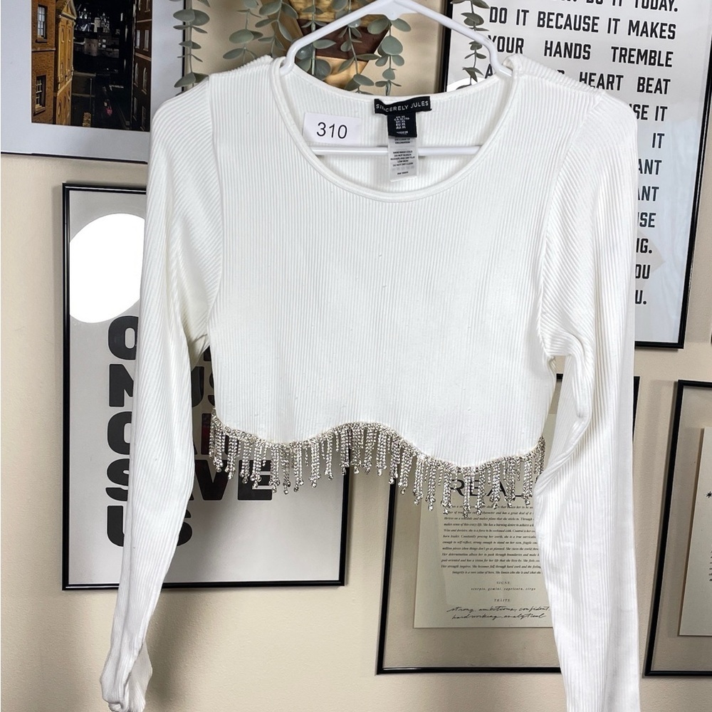 Sincerely Jules White Rhinestone Fringe Hem Top Size XL